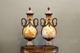 Pair Antique French Siena Marble Gilt Bronze Ormolu Cassolette Empire Urns 19thc