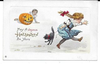 Cute Vtg Halloween Postcard,  Embossed Girl Running From Pumpkin Pulling Black Cat
