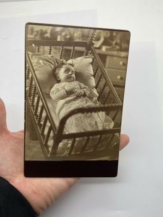 RARE 1880s Post Mortem Photo Young Baby Girl In Crib 1886 Rosanna May Morrow 2
