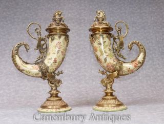 Pair French Porcelain Cornucopia Vases Urns Ormolu Horn Of Plenty
