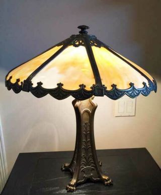 Antique Slag Glass Table Lamp 8 Panels - Claw Foot Base