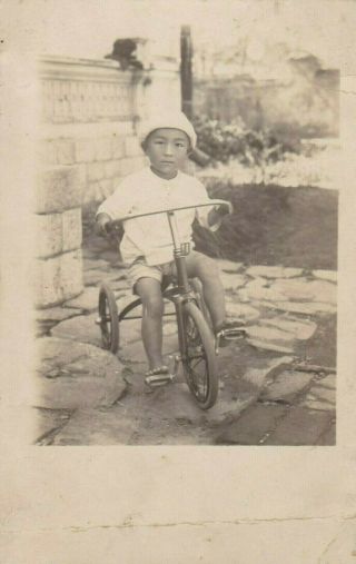 Old Photo Asia Japan Children Boy Cycling Tricycle Bike Japanese Bx97