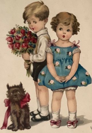 Vintage Pc Dog Brussels Griffon Boy & Girl Bd Flowers Signed Lia Döring