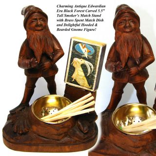 Charming Antique Black Forest Carved Smoker ' s Stand,  Ashtray,  Match Holder Gnome 2
