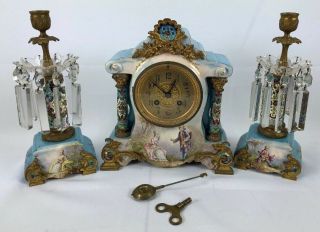 Antique French Porcelain And Cloisonne Clock Set Signed Petit With Bronze Detail