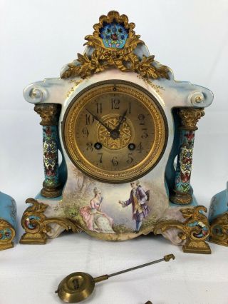 ANTIQUE FRENCH PORCELAIN AND CLOISONNE CLOCK SET SIGNED PETIT WITH BRONZE DETAIL 2