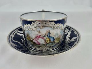 Antique Paris Porcelain Tea Cup & Saucer,  Silver Overlay