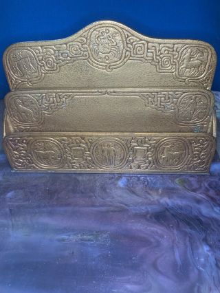 Antique Tiffany Studios Ny Zodiac Gold Bronze Letter Paper Desk Rack Art Holder