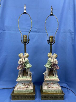 Vintage Victorian Cherub Porcelain Lamps Set Of 2