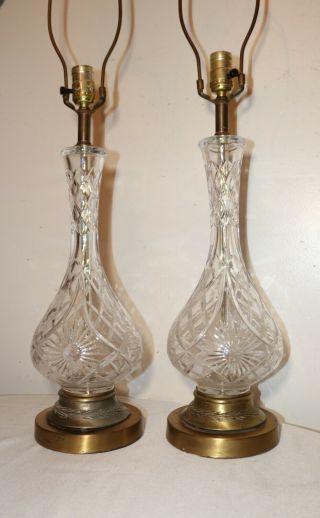 Vintage 2 Cut Etched Clear Crystal Glass Brass Electric Table Lamps