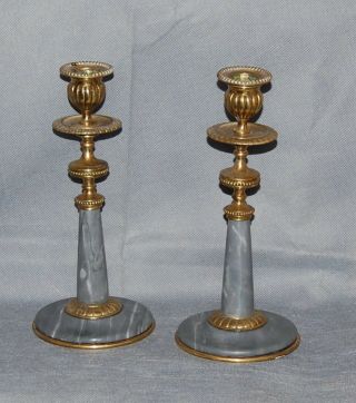 Pair Antique French Or English Brass Bleu Turquin Marble Candlesticks 19th Cent