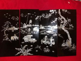 Vintage Asian Black Lacquer Mother Of Pearl Wall Panels Art Wonderful Art