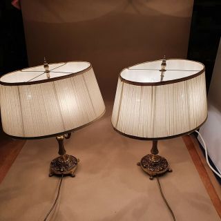2 Vintage Brass Gothic Hall Side Table Lamps Pleated Silk Shades Ornate Gargoyle