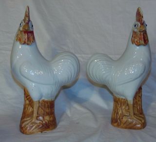 Pr Early 20th C Chinese Porcelain White Roosters Chickens Figurine 5
