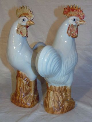 Pr Early 20th C Chinese Porcelain White Roosters Chickens Figurine 5 2