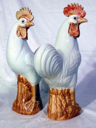 Pr Early 20th C Chinese Porcelain White Roosters Chickens Figurine 5 3