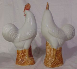 Pr Early 20th C Chinese Porcelain White Roosters Chickens Figurine 5 4