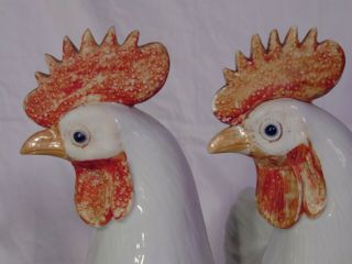 Pr Early 20th C Chinese Porcelain White Roosters Chickens Figurine 5 5