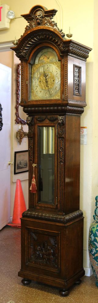 Incredible Tiffany & Co Quarter - Sawn Tiger Oak Lion Tall Case Grandfather Clock