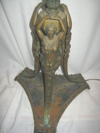 Antique Art Nouveau Nude Lady Statue Bridge Floor Sconce Shade Light Iron Lamp