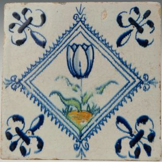 Dutch Delft Polychrome Accolade Tile,  Tulip In Blue Diamond,  17th.  Century.