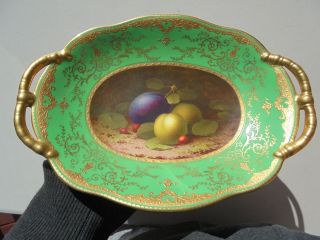Antique Coalport Porcelain Hdld Bowl Hp Fruit Green Gold Encr Sgnd Howard 10 3/4