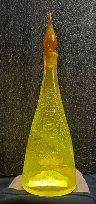 Vintage Blenko Decanter Yellow Crackle Glass With Stopper 920 2