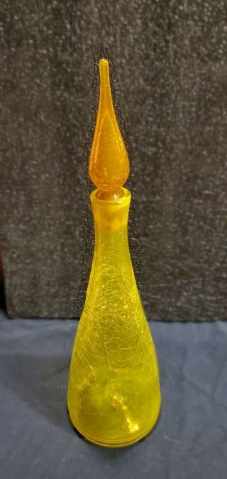 Vintage Blenko Decanter Yellow Crackle Glass With Stopper 920 3