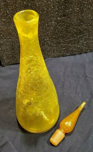 Vintage Blenko Decanter Yellow Crackle Glass With Stopper 920 6