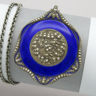 Vtg Austrian Art Deco Sterling Silver Blue Enamel Signed Pendant Necklace