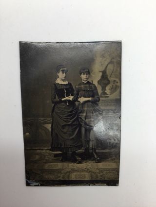 Rare Unique Antique Tintype Photograph Two Women Wearing Roller Skates