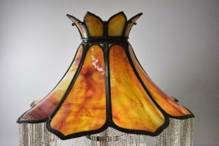Antique 8 Panel Curved Bent Leaded Oil Lamp Shade Amber,  Orange And Red