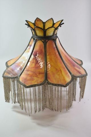 Antique 8 Panel Curved Bent Leaded Oil Lamp Shade Amber,  Orange and Red 2