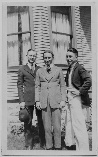 Old Photo Men Wearing Suits Ties Hat Standing By House 1910s