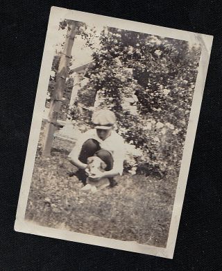 Old Vintage Antique Photograph Cute Little Boy In Hat With Puppy Dog In Yard