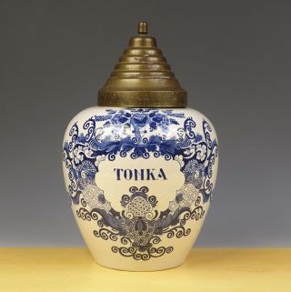 Antique Dutch Delft Brass Covered Tobacco - Jar Tonka 19th C.  Marked