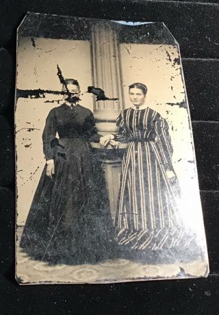 Old Antique Tin Type Photo Of 2 Women In Period Dress.  Rosy Cheeks