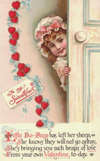 VINTAGE NISTER VALENTINE ' S DAY POSTCARD LITTLE BO - PEEP AT DOOR HEARTS 2