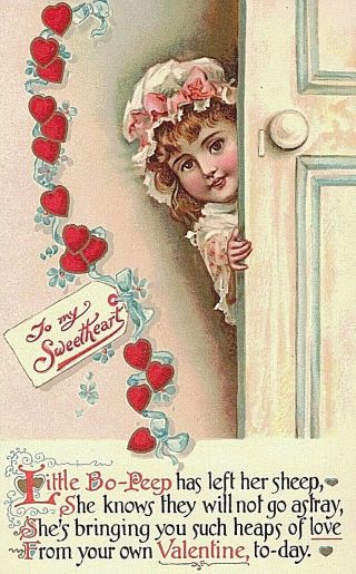 VINTAGE NISTER VALENTINE ' S DAY POSTCARD LITTLE BO - PEEP AT DOOR HEARTS 3