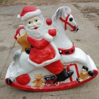 Vintage Union Products Blow Mold Santa On Rocking Horse Rare Don Featherstone