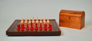 Antique English Staunton Pattern Bone Chess Set & Chessboard