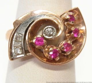 18k 14k Rose White Gold Natural Ruby Diamond Ring Vintage Retro Deco Swirl 1940s