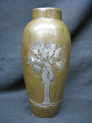 12.  5 " Antique Ams Heintz Sterling On Bronze Arts And Crafts Vase W/ Palm Tree