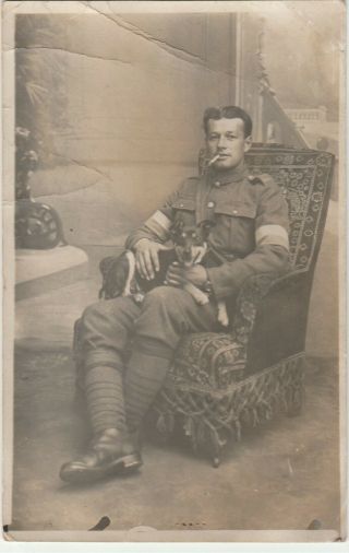 Ww1 Postcard Sized Studio Photo Of Soldier (signaller?) And Dog France 1917