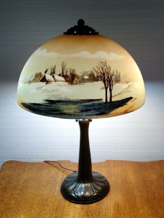 Antique Signed Handel Table Lamp W/ Obverse Painted Shade Snowy Landscape Scene