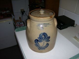 Antique Blue Cobalt Salt Glazed Stoneware Pottery Crock E.  A.  Montell Olean Ny