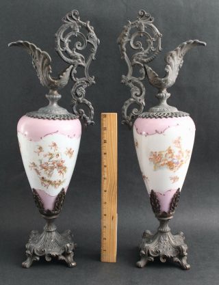 Pair Antique 19thc Victorian Woman & Angels Porcelain Spelter Metal Mantle Ewers