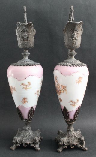 Pair Antique 19thC Victorian Woman & Angels Porcelain Spelter Metal Mantle Ewers 2