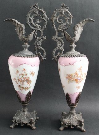 Pair Antique 19thC Victorian Woman & Angels Porcelain Spelter Metal Mantle Ewers 3