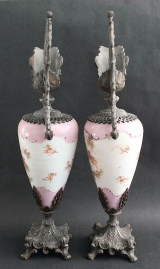 Pair Antique 19thC Victorian Woman & Angels Porcelain Spelter Metal Mantle Ewers 6